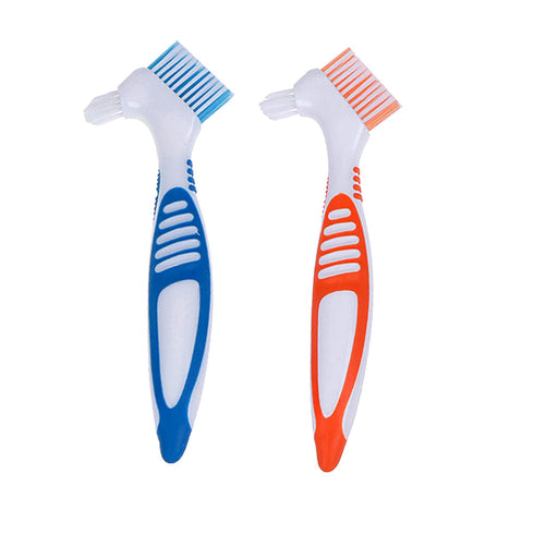 Denture Cleaner Box and Brush Set, 2 Pack with Basket + 2 Pack Denture Brush, Portable Storage Box for Oral Care (Blue