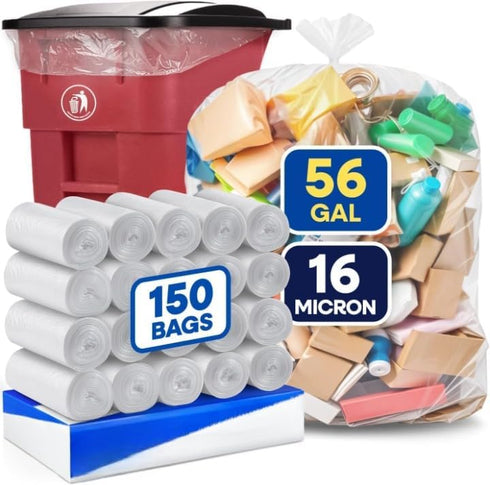 Plexon 56 Gallon Clear Trash Bags 43" x 47" High-Density Garbage Liners, 16