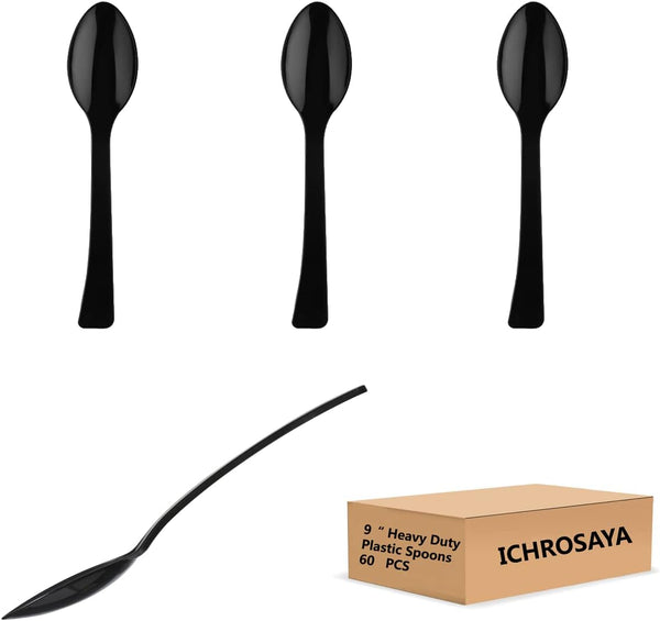 9 Inch Disposable Plastic Spoons - 60 Count Heavy Duty Serving Utensils, Food Safe, BPA Free, Black
