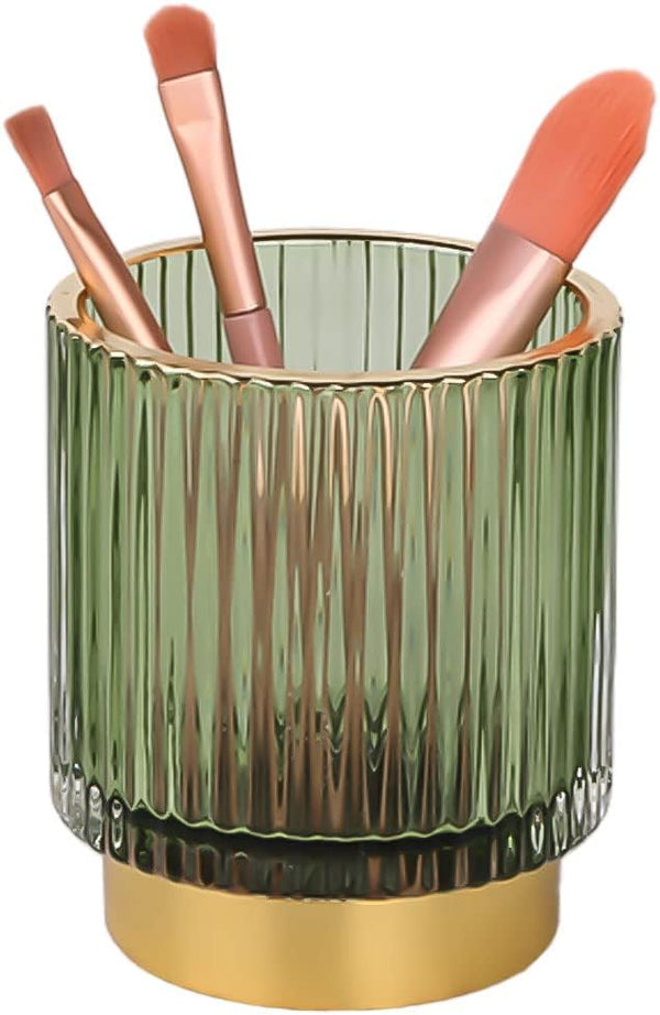 Makeup Brush Holder, Vintage Glass Organizer for Bathroom, Cute Desk Pen Holder, Small Green for Vanity