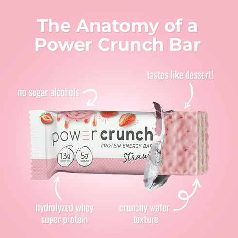Power Crunch Protein Wafer Bars, High Protein Strawberry Crème Snacks, 1.4 Ounce (12 Count)