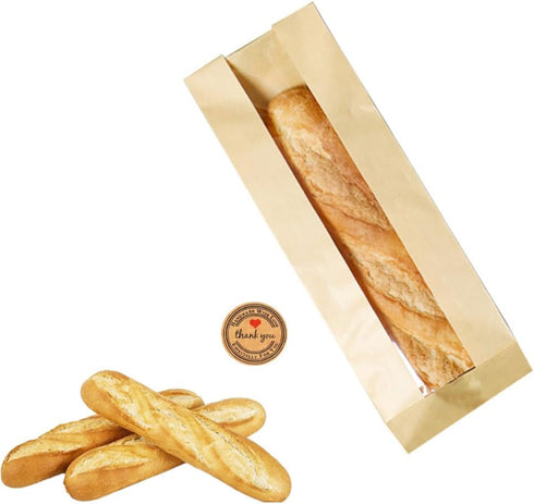 Honkenda 50 Pack Packaging (23.2x4.3 inch) Baguette Kraft Paper Bread Bags with Clear Front Window and Seal stickers