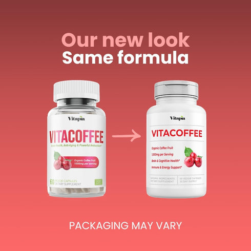 Vitacoffee Caffeine Pills - 60 Veggie Capsules - Coffee Fruit, Vitamin C, D, Zinc Gluconate - Energy, Memory, Focus,