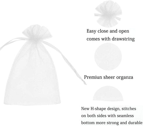 50 Pcs 5x7 inch Gift Wrap Bags, Organza Sheer Clear Tulle Fabric, White Drawstring Sachet for Party Favors