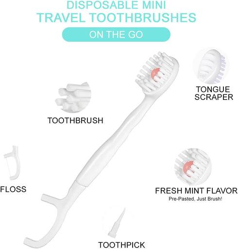 YJFHHH 5 1 12 Pack in Disposable Mini Toothbrushes with Toothpaste Tongue Scraper Floss Pick Prepasted Travel