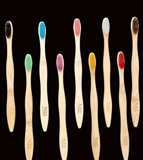 N12 Family-Friendly Pack of 10 Bamboo Toothbrushes, Multicolored BPA-Free Bristol, Eco-Friendly, Biodegradable Oral Care