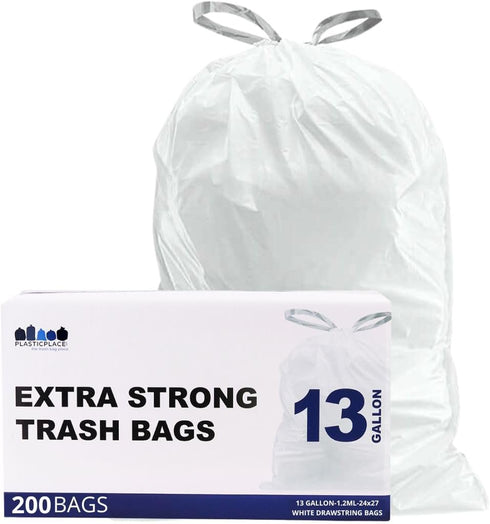 Plasticplace 13 Gallon Trash Bags, 1.2 Mil White Drawstring Garbage Can Liners, 24"x27, 100 Count