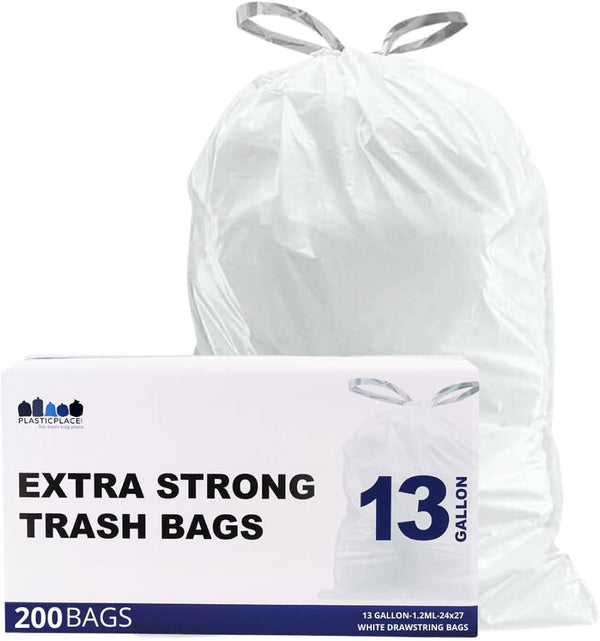 Plasticplace 13 Gallon Trash Bags, 1.2 Mil White Drawstring Garbage Can Liners, 24"x27, 100 Count