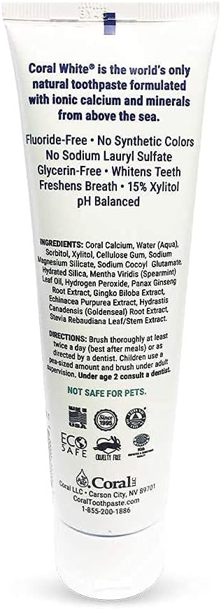 Coral White Mint Toothpaste, Natural Fluoride SLS Free, Coral Calcium Remineralizing, 4 Ounce (3 Pack)