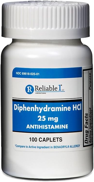 Reliable 1 Diphenhydramine HCI - 25mg Antihistamine, 100 Caplets (1 Bottle)