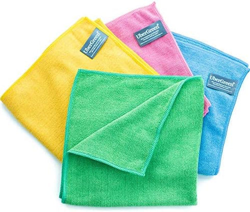 UberGreen Microfiber Cleaning Cloth With Silver - 4-Pack (Blue, Yellow, Green, Rose) - Eco-Friendly