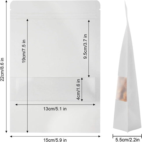 Blisstime 50 Pieces Resealable Bags for Small Business - White Kraft Paper Stand Up Pouches