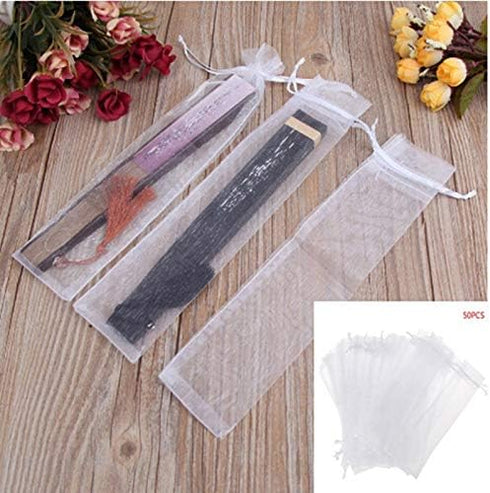 50PCS Drawstring Organza Folding Hand Fan Pouch Party Wedding Favor Bags (White)