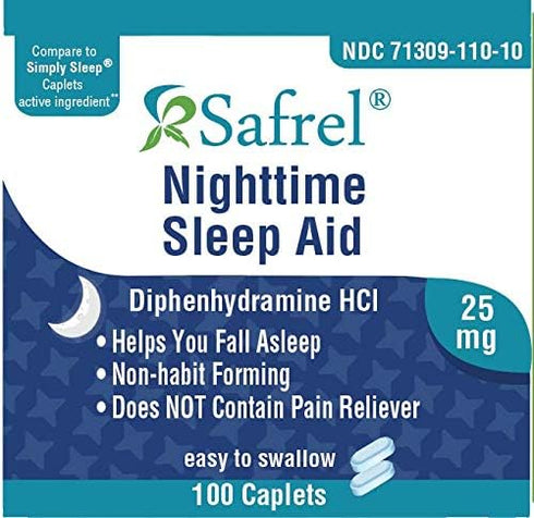 Safrel Nighttime Sleep Aid, Diphenhydramine HCl 25mg | Strong Non Habit-Forming Restful Sleeping Support for Men & Women | Fall Asleep Faster & Wake up Refreshed (100 Count (Pack of 1), 100, Count)