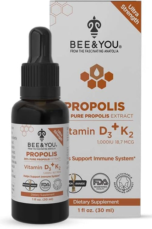 BEE and You 100% Natural Pure Propolis Extract, Vitamin D3 K2, Water Soluble Drops, High Potency Immune Support