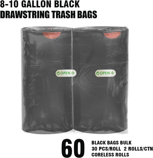 8-10 Gallon Trash Bags, Drawstring, 60 Count Bulk, Black & Unscented Multi-purpose Garbage Bags for Home, Commercial