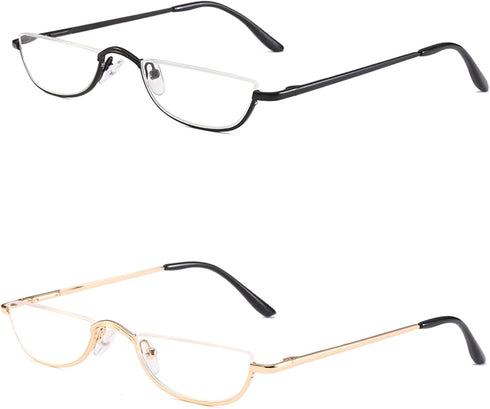 KoKoBin Half Reading Glasses - 2 Pairs Half Rim Metal Frame Readers for Men and Women, Black+Gold 1.50