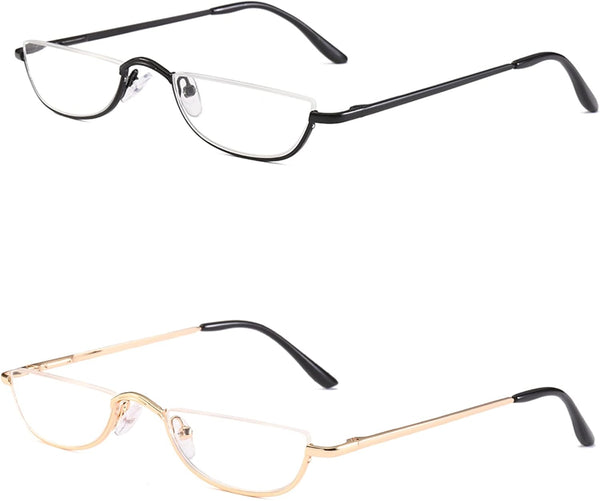 KoKoBin Half Reading Glasses - 2 Pairs Half Rim Metal Frame Readers for Men and Women, Black+Gold 1.50