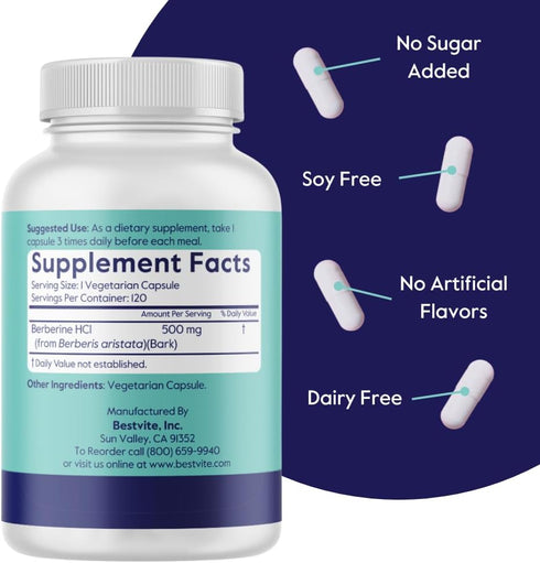 BESTVITE Berberine 500mg Per Capsule (120 Vegetarian Capsules) - No Fillers, Vegan, Gluten Free