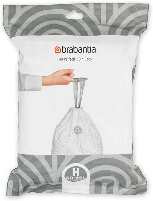 Brabantia PerfectFit Trash Bags, Size H/13.2-16 Gal, Thick Plastic Liners with Drawstring Handles, 40 Bags