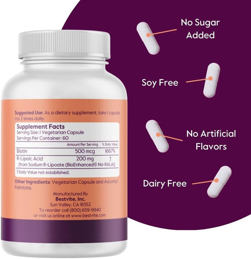BESTVITE R-Lipoic Acid, 200mg Stabilized with Bio-Enhanced Na-RLA (60 Vegetarian Capsules) - Vegan, Gluten Free, No