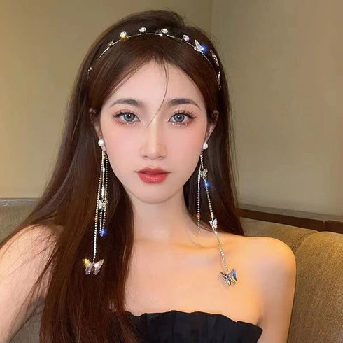 Wedding Butterfly Headband Head Chain, Silver Tassel Hair Hoop Band Decorative Headwear for Women and Girls (02) (01)
