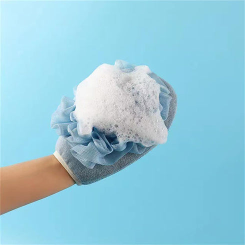Exfoliating Mesh Pouf Sponge Bath Shower Pouf 2 in 1 with Elastic Hand Strap for Women Men Kid (Blue)