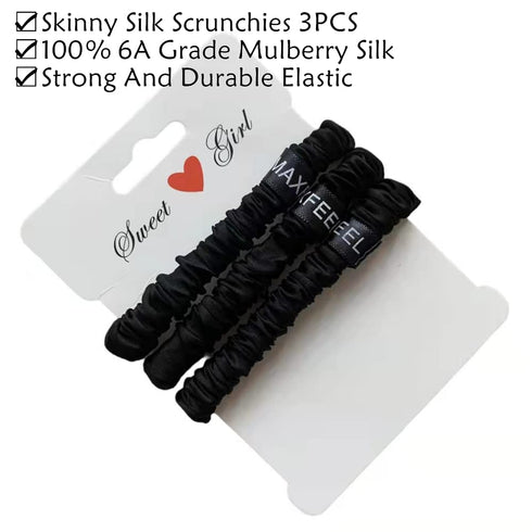 MAXFEEL 100% Pure Muberry Silk Hair Scrunchie - Small Silk Scrunchy Skinny Hair Ties, Black (3 Pack)