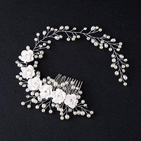 Kercisbeauty Wedding Bridal Pearl White Rose Flower Headband, Silver Hair Comb for Prom, Rustic Vintage Accessory