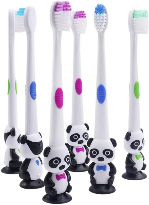 12 Pieces Kids Cartoon Panda Toothbrush Soft Bristles Individually Wrapped with Suction Cup for Boys and Girls 3-12