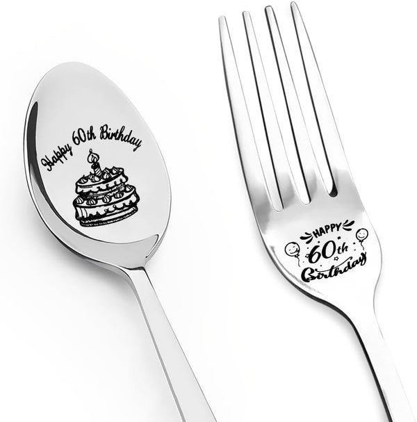 Happy 60th Birthday Gifts for Grandma Grandpa, Engraved Spoon Fork for Men Women, 60 Year Old Birthday Present