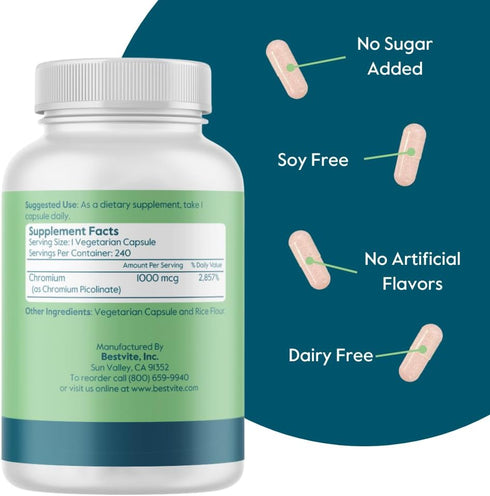 BESTVITE Chromium Picolinate 1000mcg - 480 Vegetarian Capsules, Vegan, Gluten Free, Non-GMO