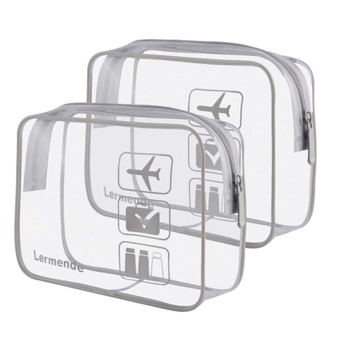 Lermende 2pcs Clear Toiletry Bag, TSA Approved Travel Bag, Quart Sized Makeup Cosmetic Bag, Gray