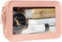 Clear Makeup Bag Organizer, TSA Approved Portable Travel Toiletry Bag Multipurpose Cosmetic Bag Case for Women Vegan Leather Make Up Pouch Transparent Vinyl Windows & Handle Strap (Pink)