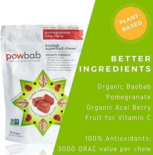 Baobab Superfruit Chews, 750mg Raw Organic Powder, Immune Superfood Supplement, 100% Antioxidants, 30 Chews
