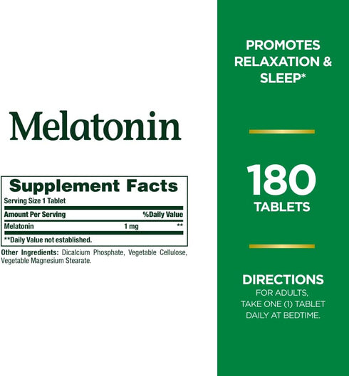 Nature's Bounty Melatonin, 1mg, 180 Tablets, 100% Drug Free Sleep Aid, Promotes Relaxation and Sleep Health