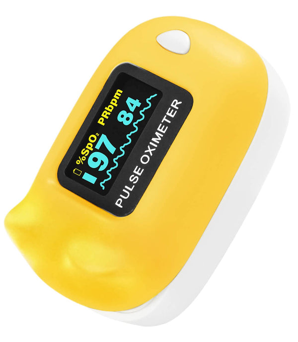 Child Pulse Oximeter Blood Oxygen Saturation Monitor, Yellow, Neck/Wrist Cord, Batteries Included