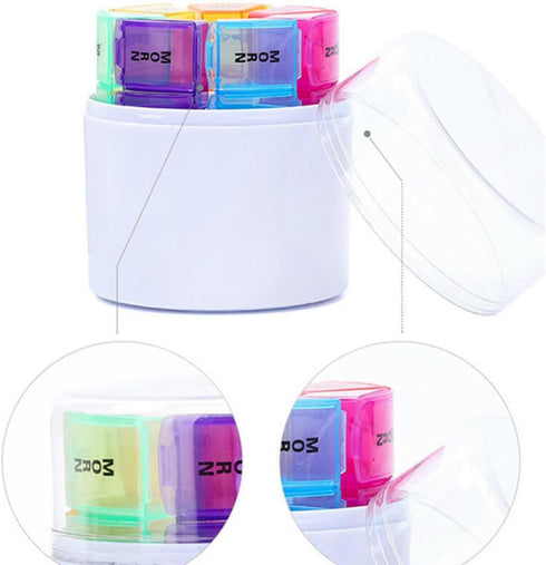 HONITANO 28 Weekly Pill Organizer Compartments Portable Round Medicine Box with Colorful Pu Case for Travel and Daily