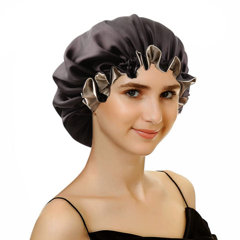 Satin Bonnet for Women | Large Sleeping Cap for Long Curly Hair | Adjustable Night Cap (Double Layer Black/Champagne)