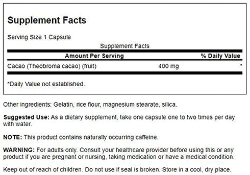 Swanson Full Spectrum Cacao (Raw Cocoa) - Herbal Supplement Promoting Mild Energy Support - Traditional Whole Fruit Formula - (60 Capsules, 400mg Each)