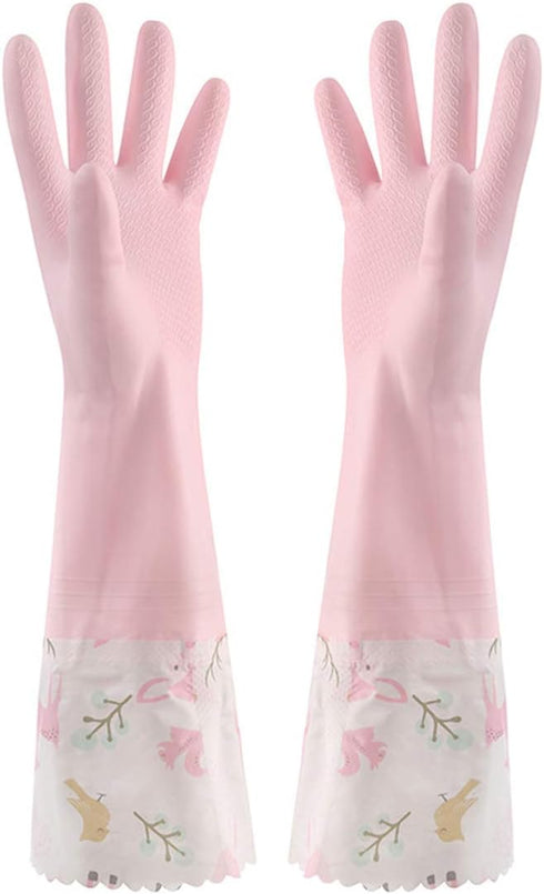 1 Pair Pink Flower Rubber Gloves, Non-slip Waterproof Winter Household Dishwashing Latex Glove with Fleece Lining