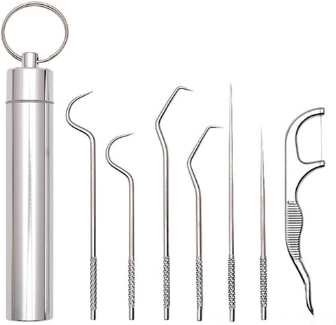 Dental Pick Portable Stainless Steel Tooth Pick Set, 7PCS Reusable Teeth Cleaning Tools with Holder