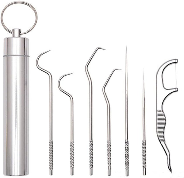 Dental Pick Portable Stainless Steel Tooth Pick Set, 7PCS Reusable Teeth Cleaning Tools with Holder