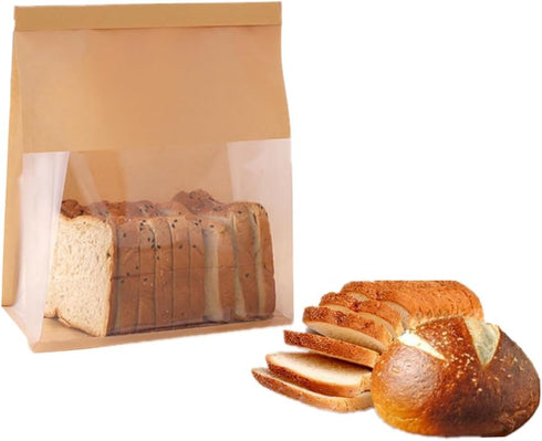 NatureMan 50 Pack Bakery Bags with Window,11x8.7x3.9inch Resealable Brown Kraft Paper Bread Packaging
