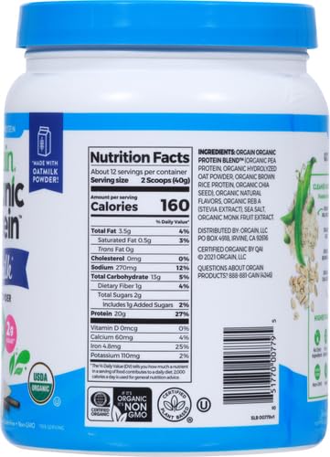 Orgain Organic Vegan Protein Powder + Oat Milk, Vanilla Bean: 20g Plant Based Protein, Gluten Free, 1.05lb