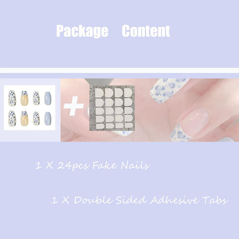 MISUD Medium Press on Nails Coffin, Cute Glossy Glue on Nails, Blue French Tip Artificial Nails, 24pcs