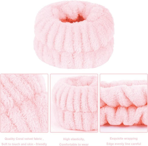 Spa Headband & Wrist Towels Set for Washing Face, Terry Cloth Fabric, Pink