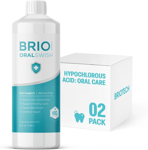 BRIOTECH Pure Hypochlorous Acid Oral Swish, Alcohol Free Mouthwash Rinse, Gentle Oral Care Hygiene, 32 fl oz ea, 2 ct
