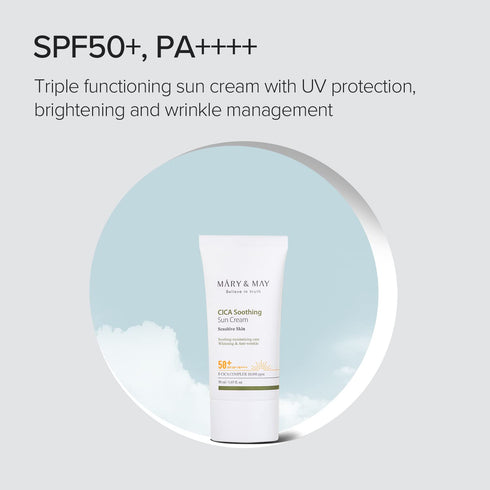 Mary&May CICA Soothing Sun Cream SPF50+ PA++++, 50ml, Korean Sunscreen, No Sticky, No White Cast