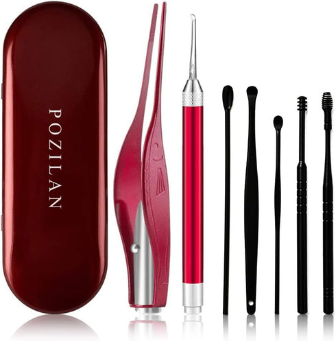 POZILAN 8 Pack Ear Picker Tweezers with LED Light, Ear Wax Removal Tool Cleaner Kit for Kids and Adults